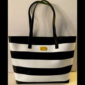 Michael Kors Jet Set Travel Black and White Stripped Saffiano Leather Tote.